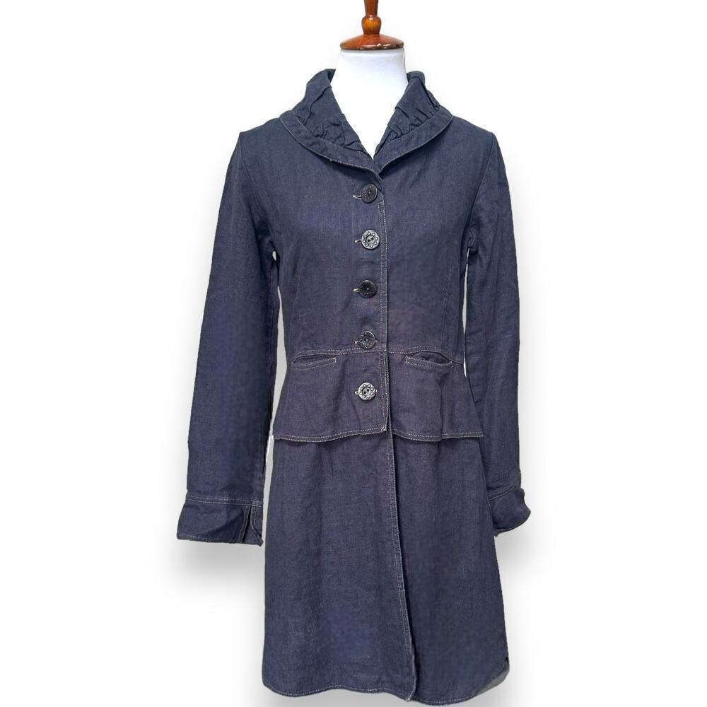 Neesh by DAR Anthropologie Denim Blue Linen Blend Coat Buttons Pockets Medium